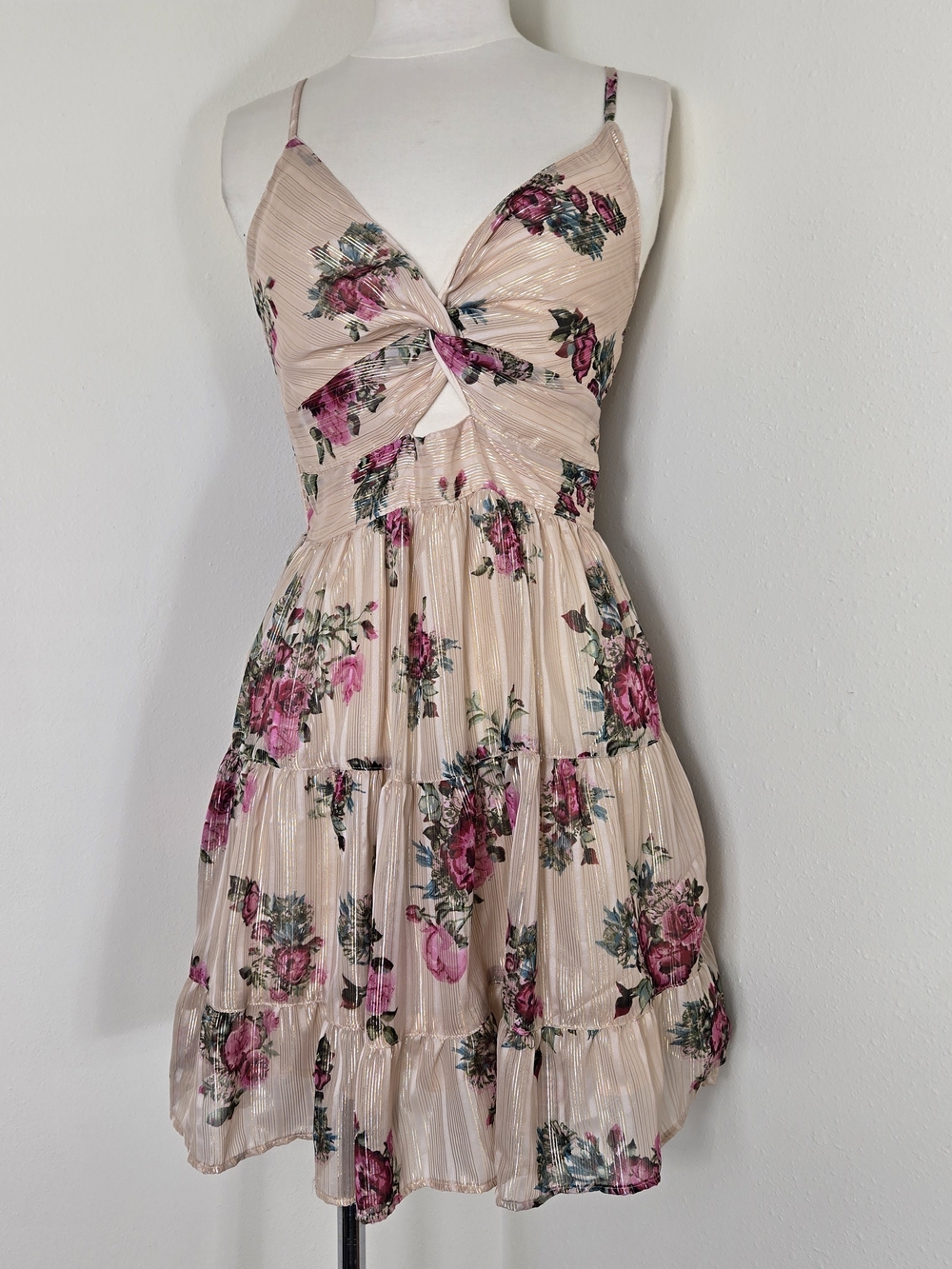 Angie Floral Twist-Front Mini Dress - Blush Pink and Magenta